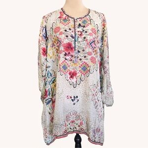 Johnny Was 100% Silk Boho Floral Tunic Medium Sheer Long Sleeve Festival Blouse
